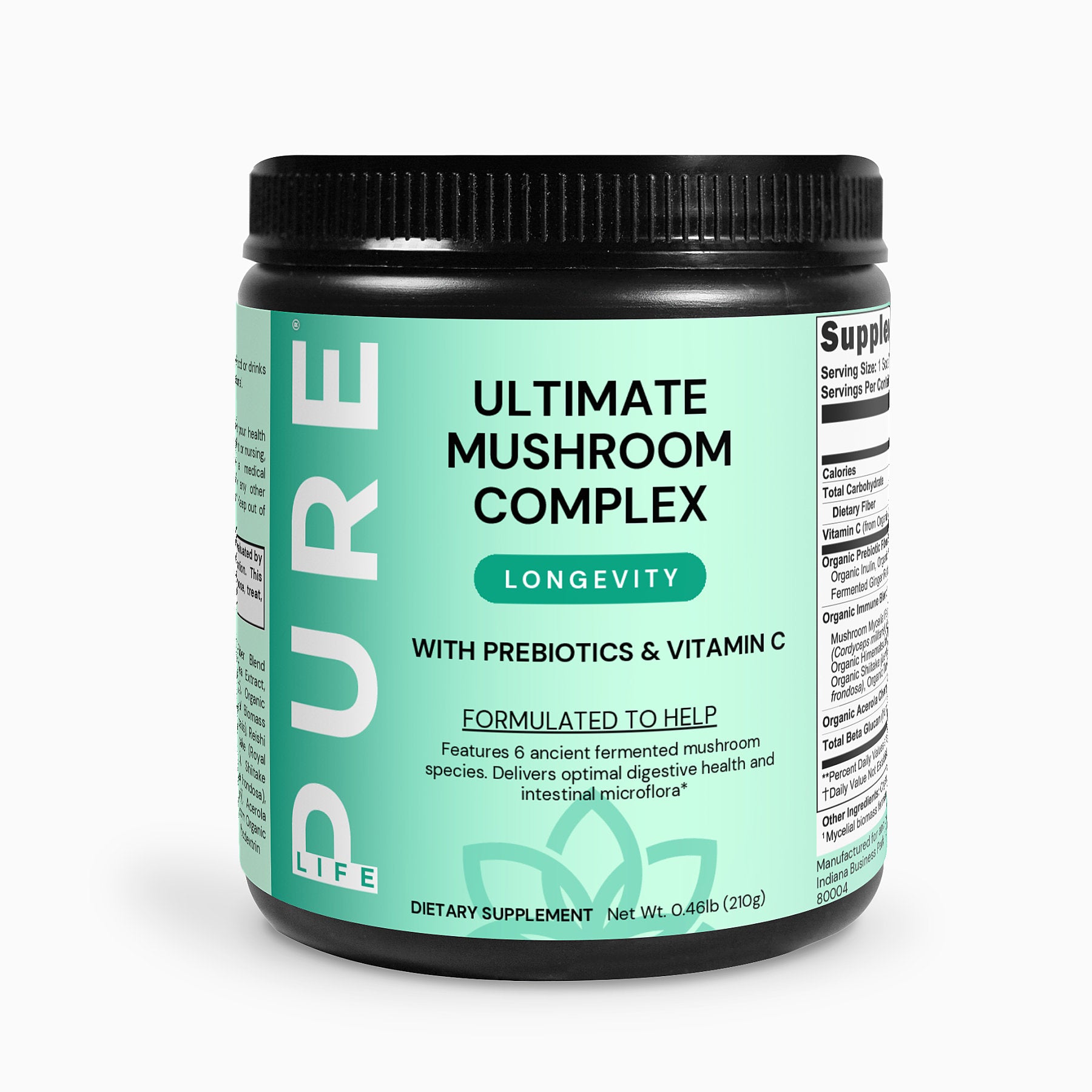 PURE LIFE Ultimate Mushroom Complex Powder With Prebiotics & Vitamin C (Longevity) Net Wt. 0.46lb (210g)